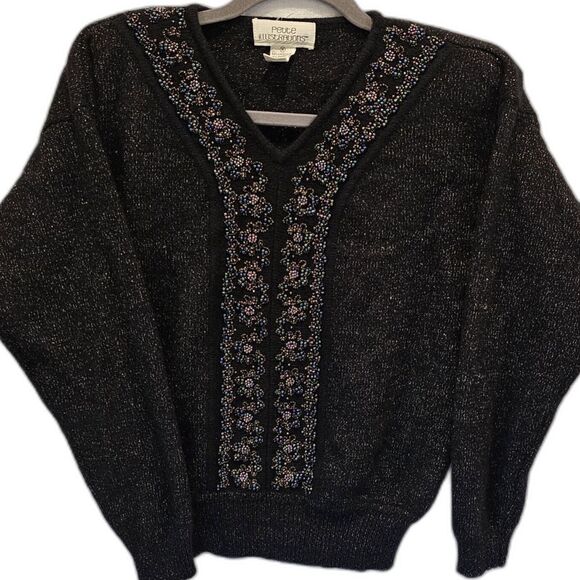 Vintage 80s Black Angora & Lambs Wool Beaded Embellished Sweater Size Medium - Picture 1 of 7